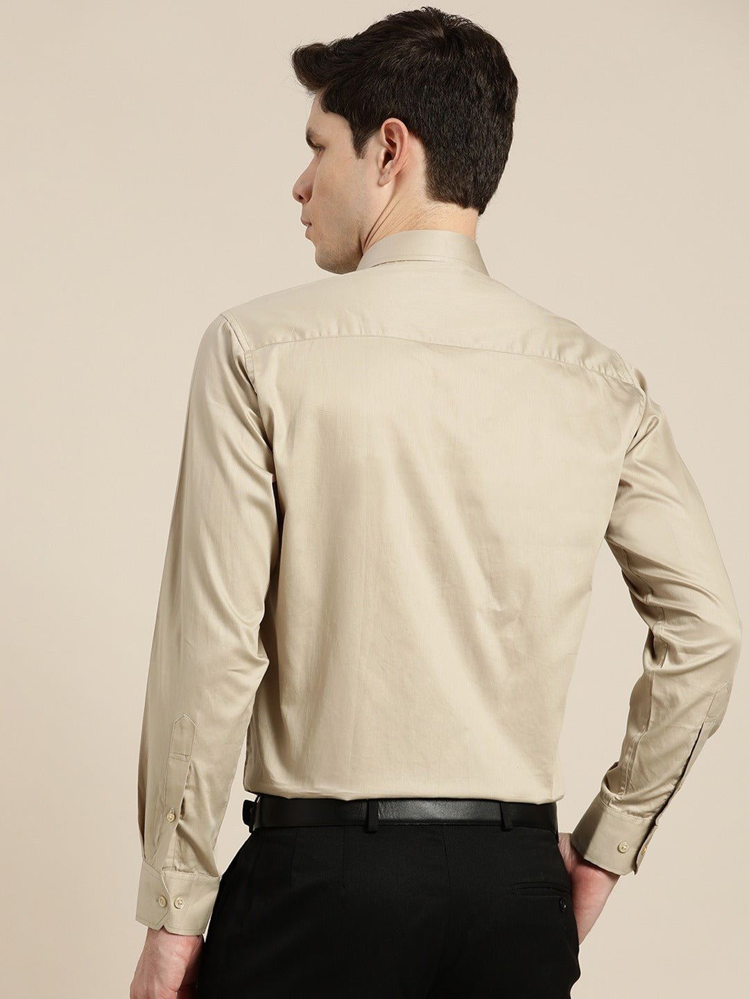 Men Beige Solid Pure Cotton Satin Slim Fit Formal Shirt - #folk republic#