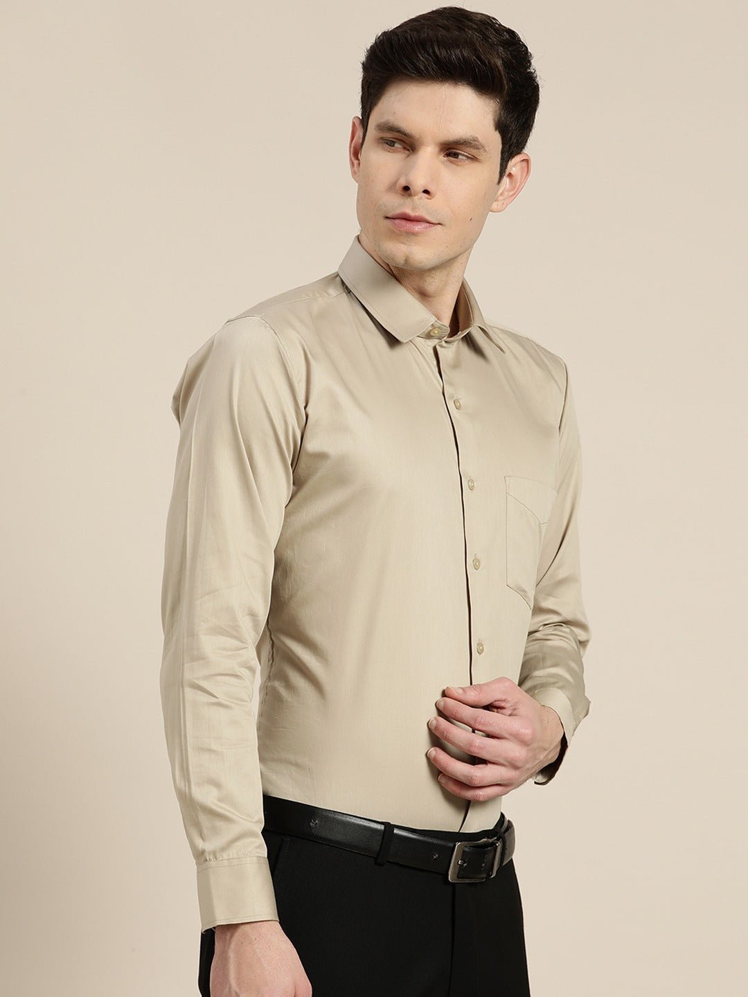 Men Beige Solid Pure Cotton Satin Slim Fit Formal Shirt - #folk republic#