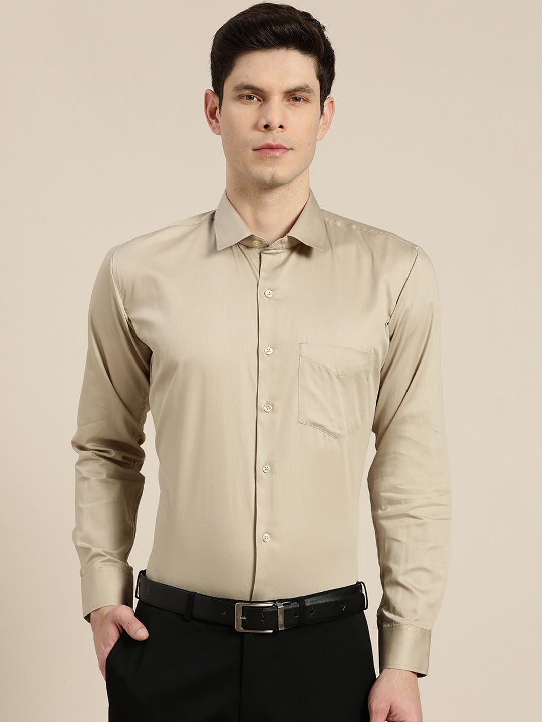 Men Beige Solid Pure Cotton Satin Slim Fit Formal Shirt - #folk republic#