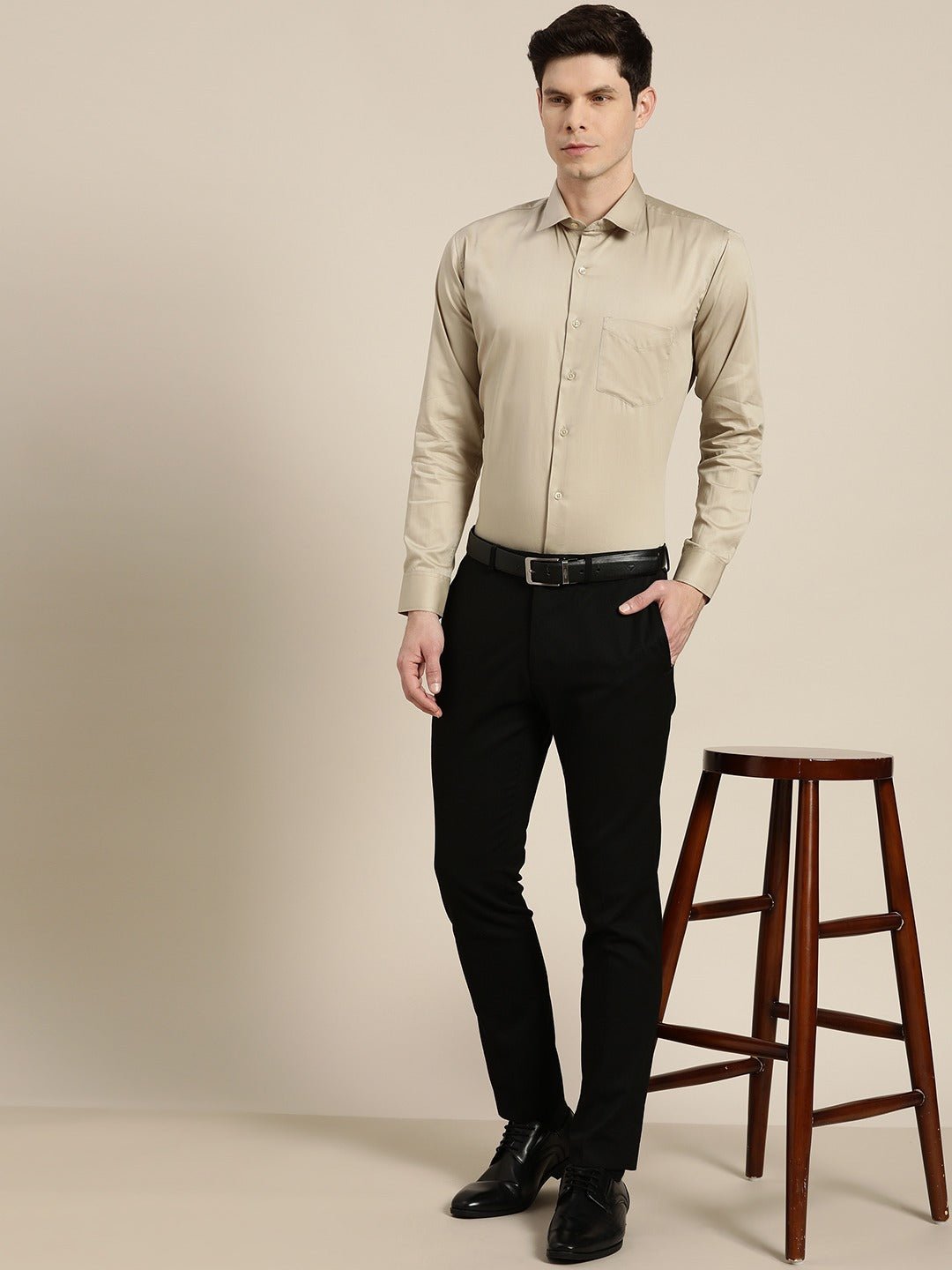 Men Beige Solid Pure Cotton Satin Slim Fit Formal Shirt - #folk republic#