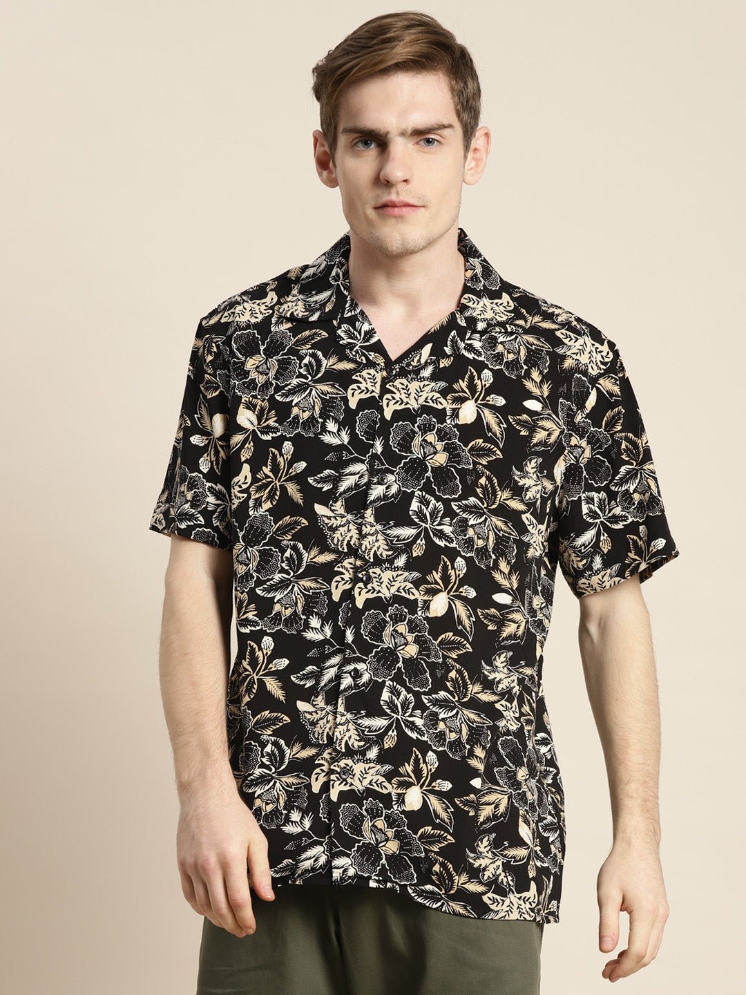 Men Black & Beige Print Viscose Rayon Relaxed Fit Casual Resort Shirt - #folk republic#