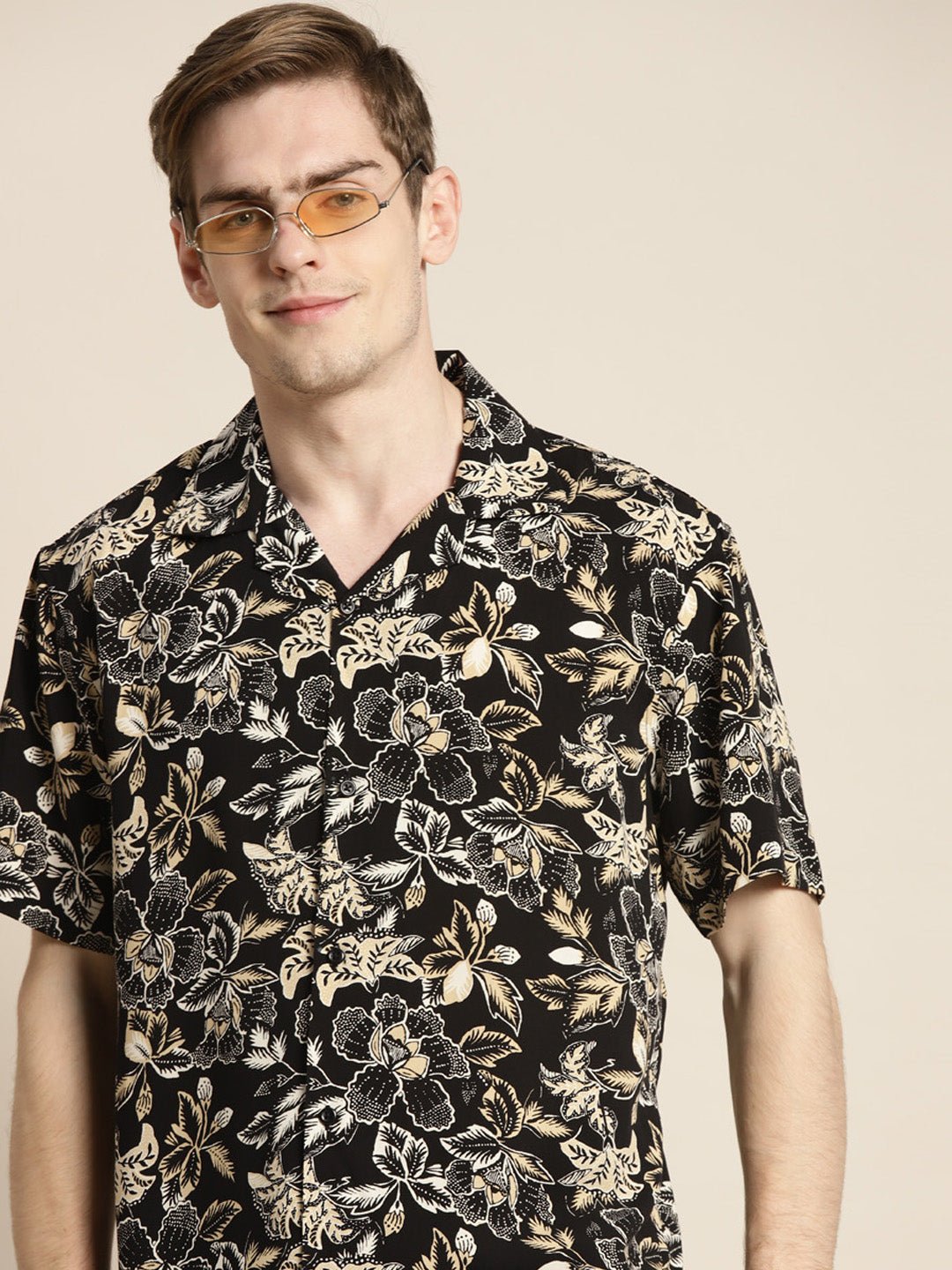 Men Black & Beige Print Viscose Rayon Relaxed Fit Casual Resort Shirt - #folk republic#