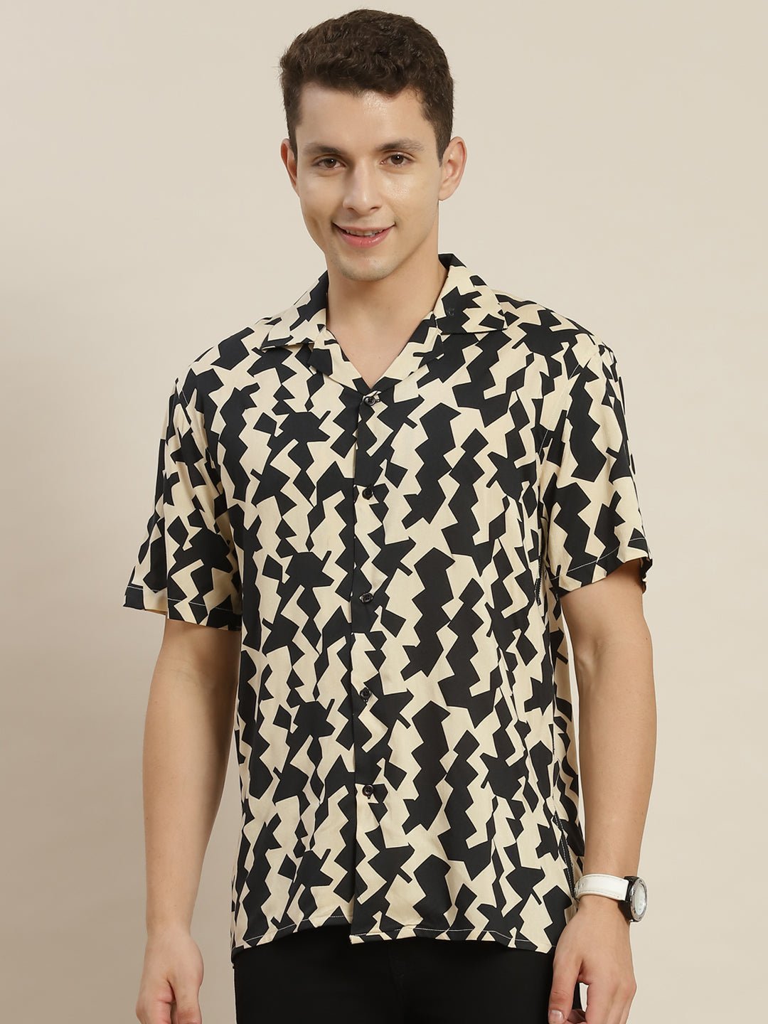 Men Black & Beige Printed Viscose Rayon Regular Fit Casual Resort Shirt - #folk republic#