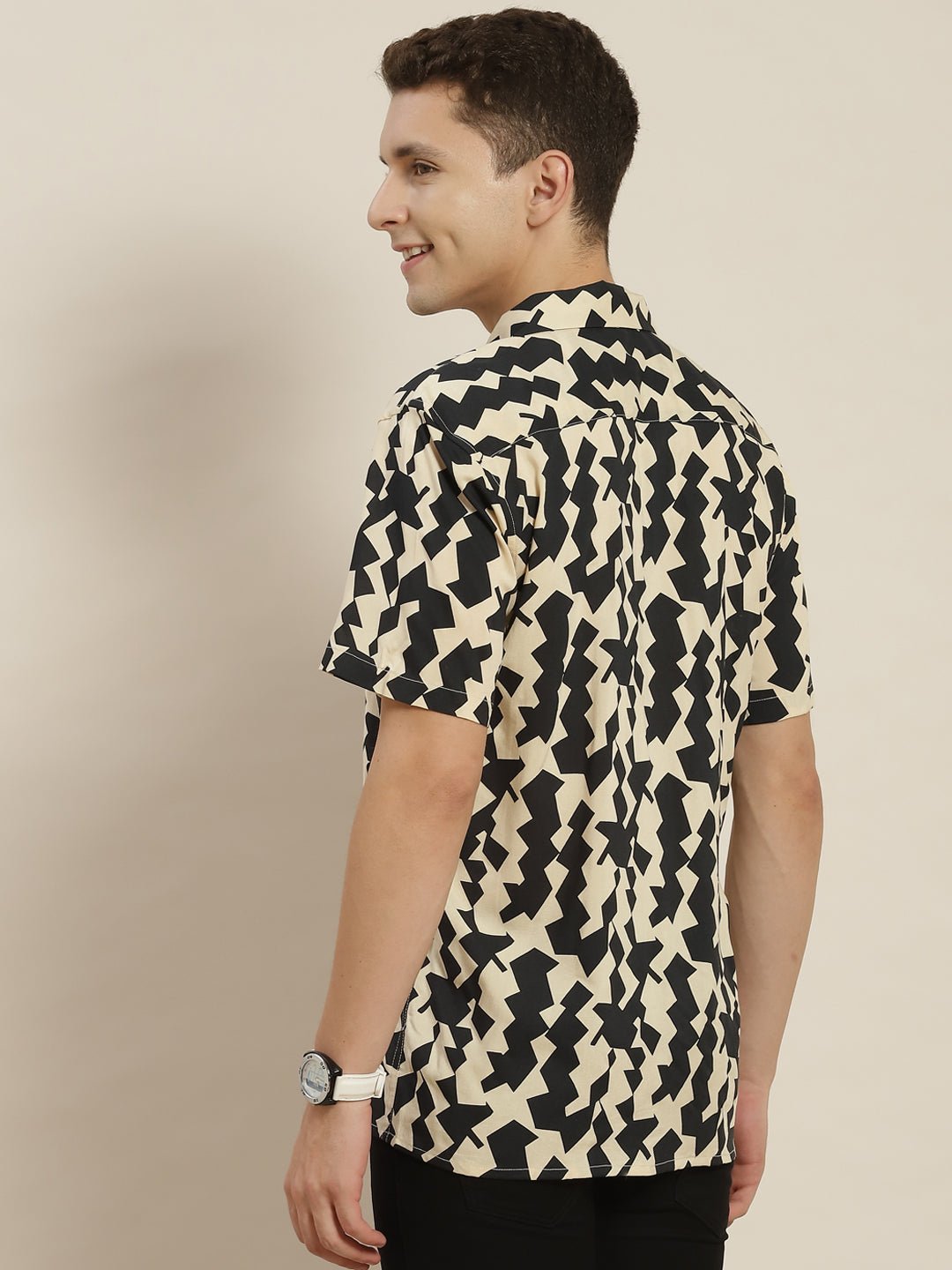 Men Black & Beige Printed Viscose Rayon Regular Fit Casual Resort Shirt - #folk republic#