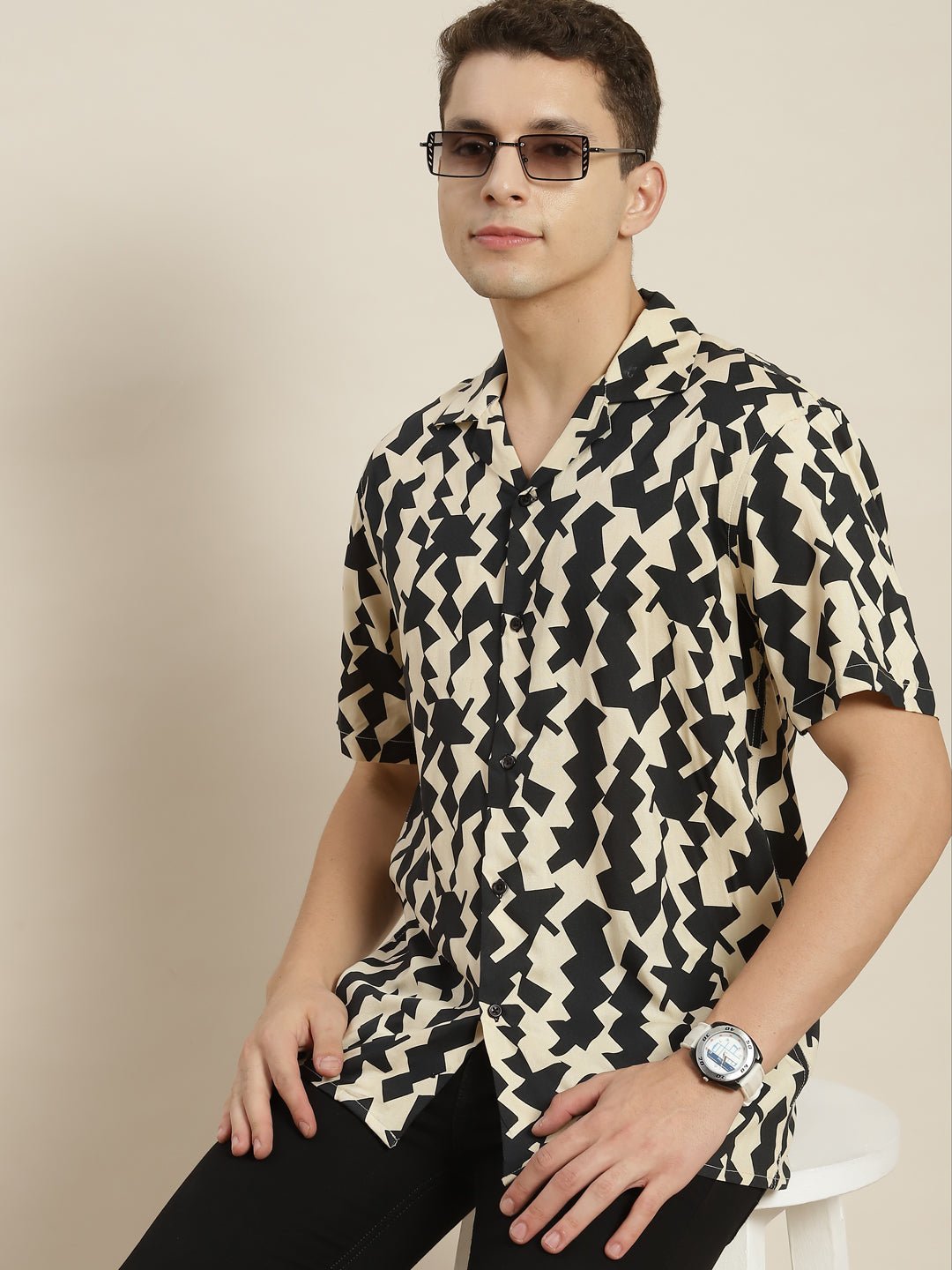 Men Black & Beige Printed Viscose Rayon Regular Fit Casual Resort Shirt - #folk republic#