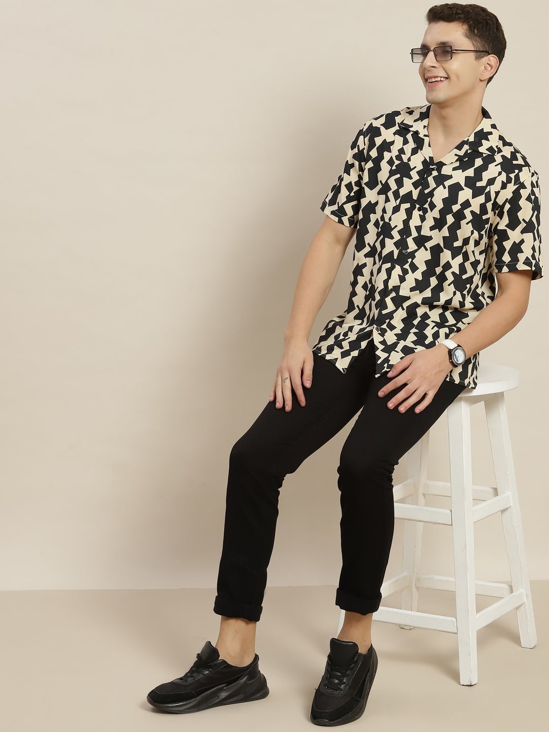 Men Black & Beige Printed Viscose Rayon Regular Fit Casual Resort Shirt - #folk republic#