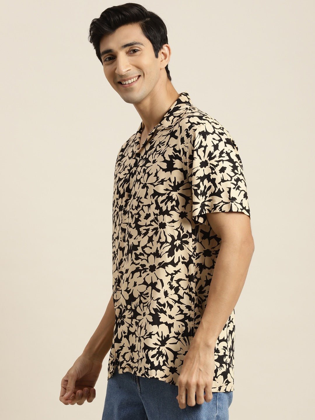 Men Black & Beige Printed Viscose Rayon Relaxed Fit Casual Resort Shirt - #folk republic#