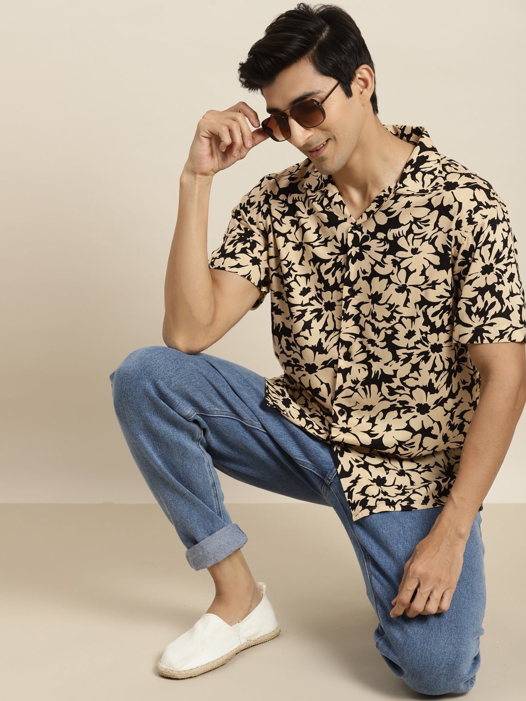 Men Black & Beige Printed Viscose Rayon Relaxed Fit Casual Resort Shirt - #folk republic#