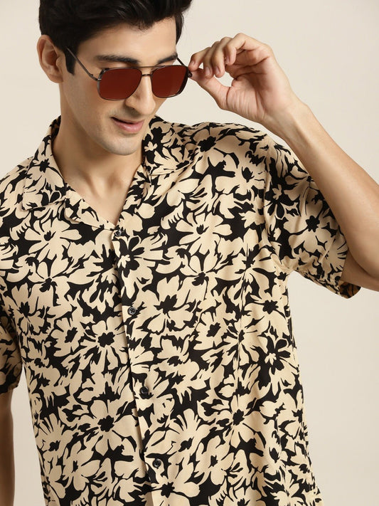 Men Black & Beige Printed Viscose Rayon Relaxed Fit Casual Resort Shirt - #folk republic#