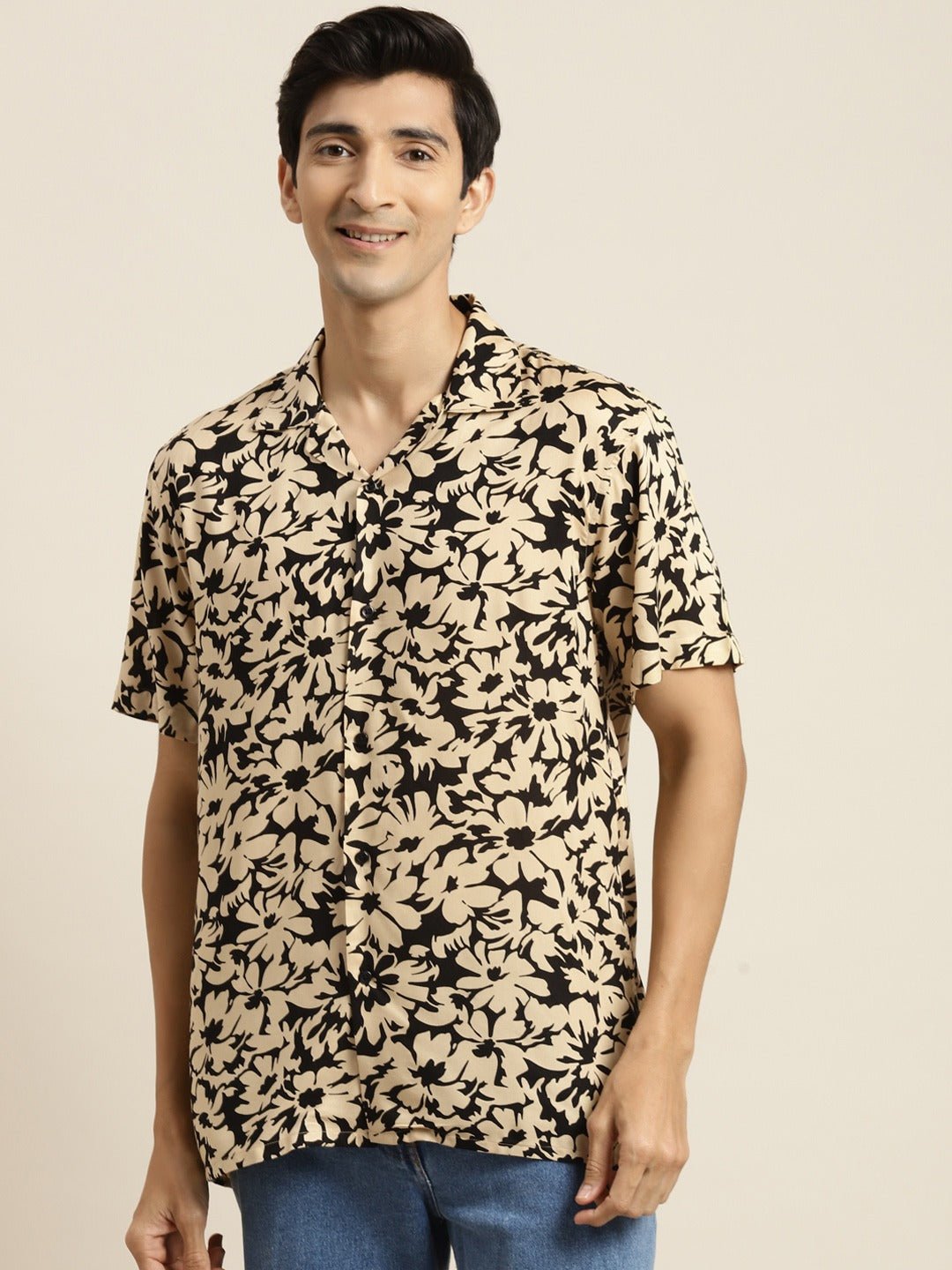 Men Black & Beige Printed Viscose Rayon Relaxed Fit Casual Resort Shirt - #folk republic#