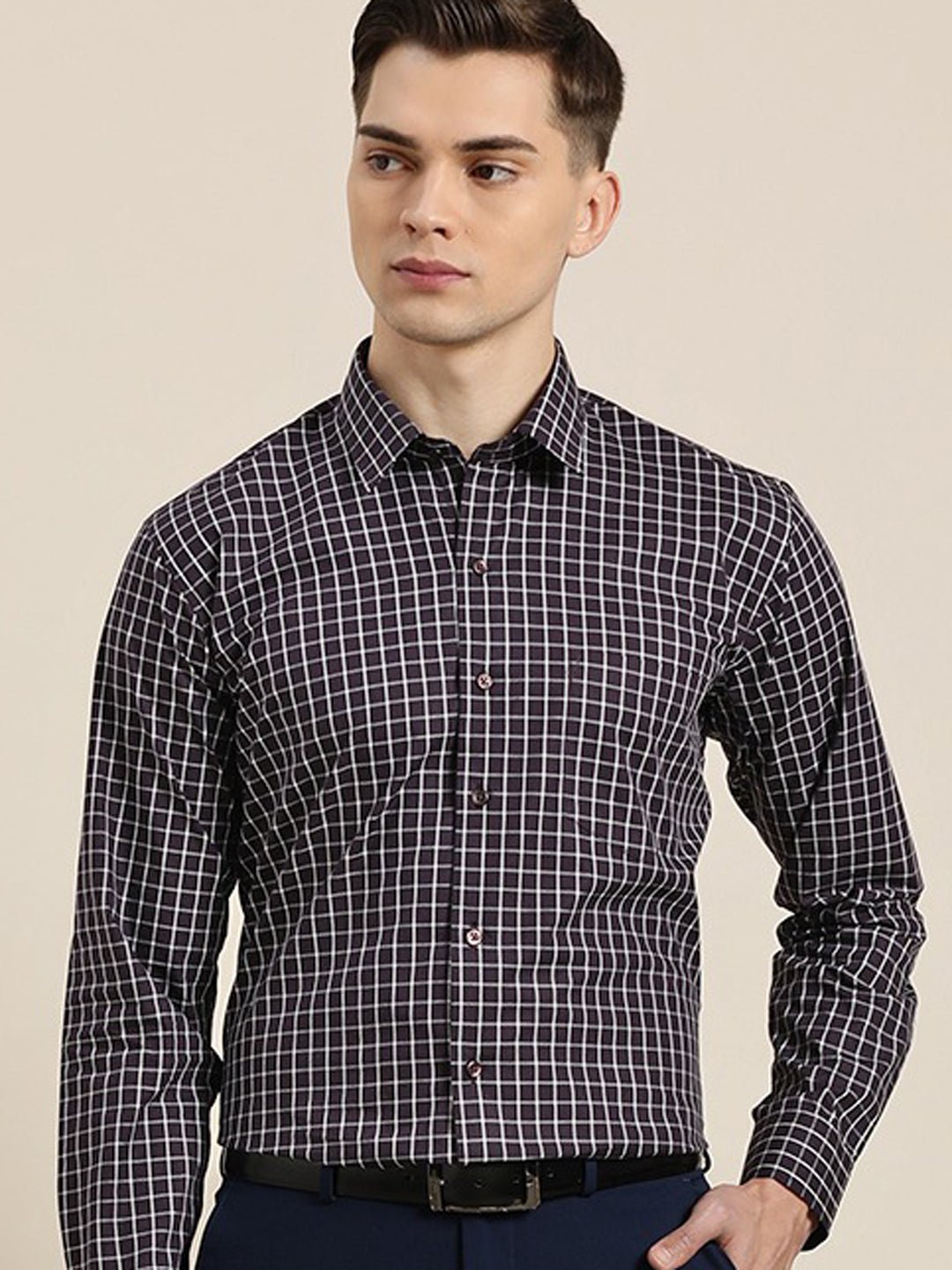 Men Black Checks Pure Cotton Slim Fit Formal Shirt - #folk republic#