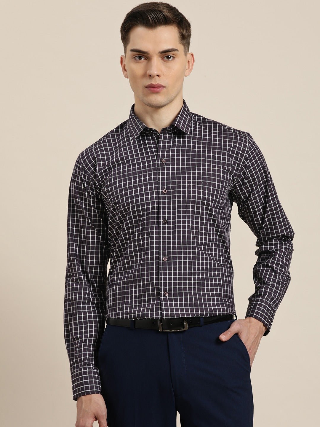 Men Black Checks Pure Cotton Slim Fit Formal Shirt - #folk republic#
