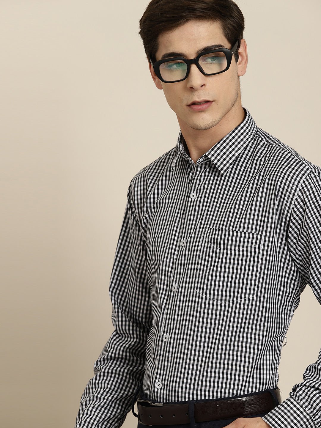 Men Black Gingham Check Cotton Rich Slim fit Formal Shirt - #folk republic#