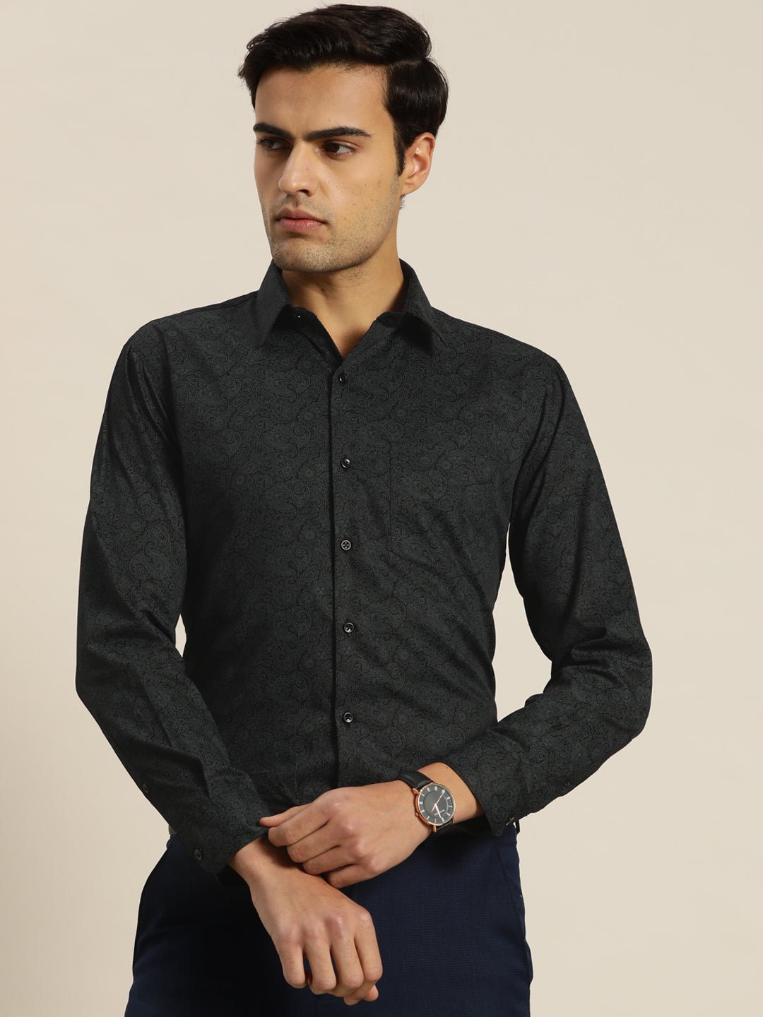 Men Black & Grey Print Pure Cotton Slim fit Formal Shirt - #folk republic#