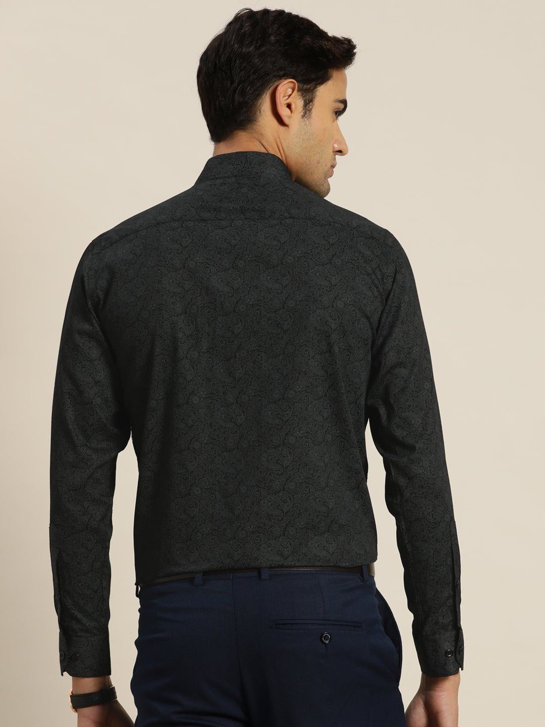 Men Black & Grey Print Pure Cotton Slim fit Formal Shirt - #folk republic#