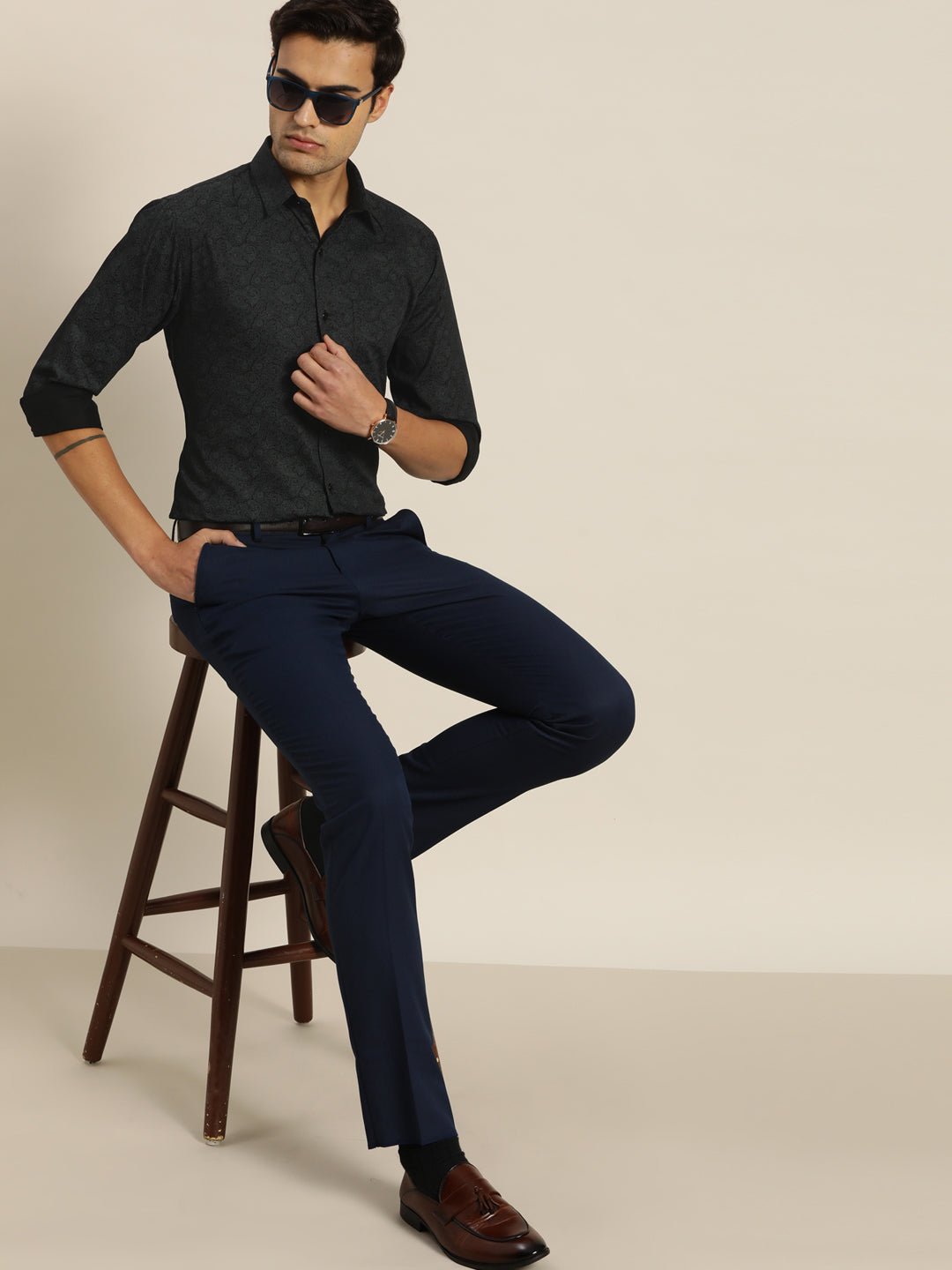 Men Black & Grey Print Pure Cotton Slim fit Formal Shirt - #folk republic#