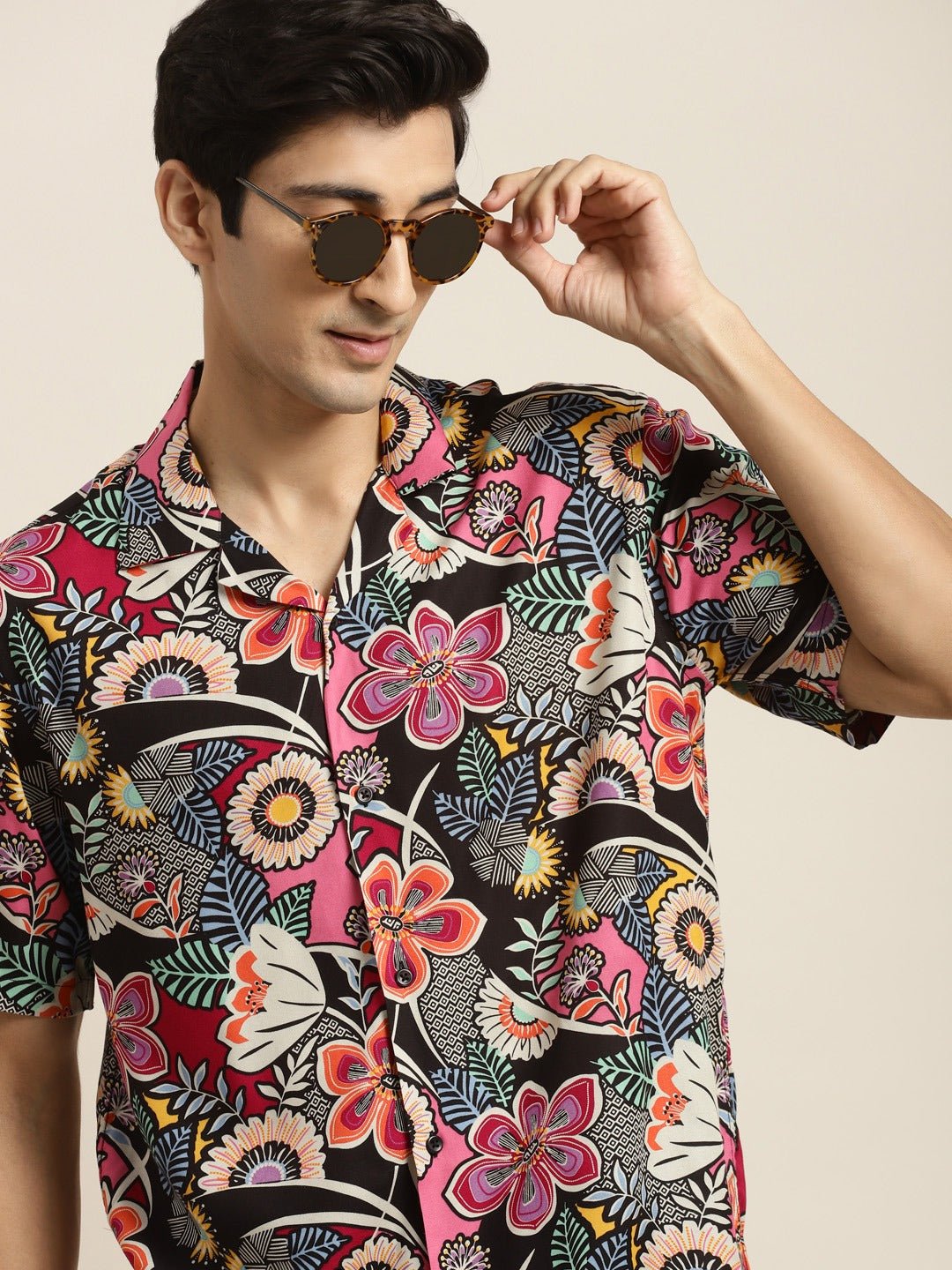 Men Black & Magenta Printed Viscose Rayon Relaxed Fit Casual Resort Shirt - #folk republic#
