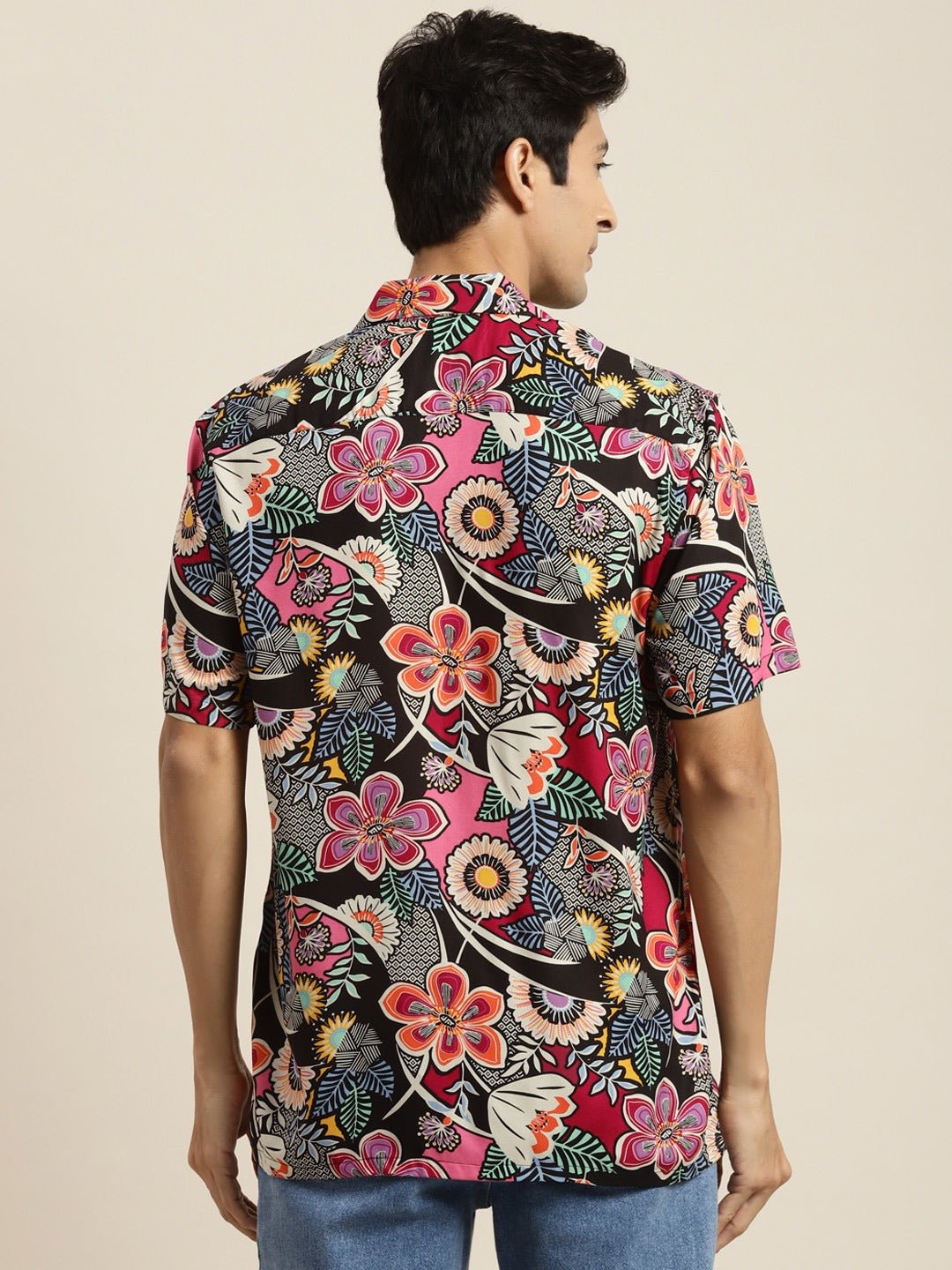 Men Black & Magenta Printed Viscose Rayon Relaxed Fit Casual Resort Shirt - #folk republic#