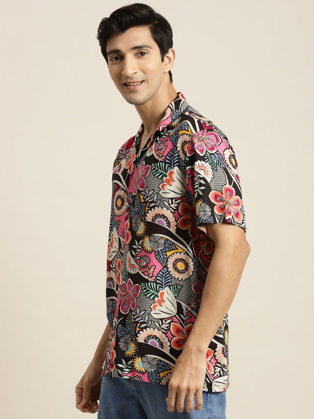 Men Black & Magenta Printed Viscose Rayon Relaxed Fit Casual Resort Shirt - #folk republic#
