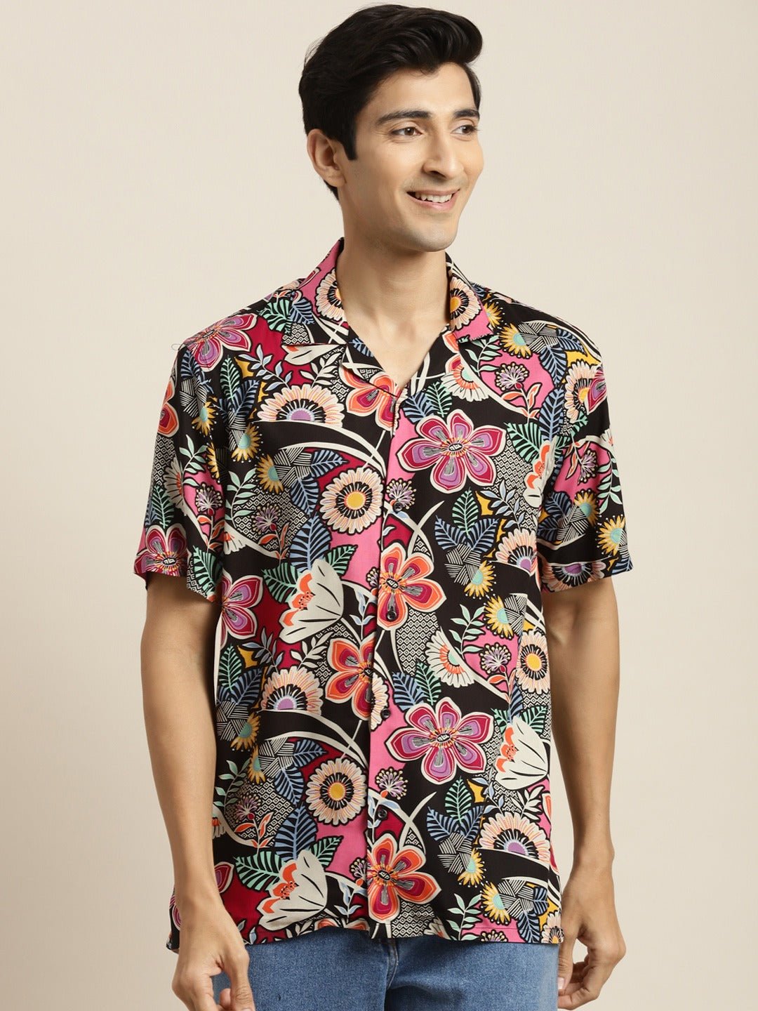 Men Black & Magenta Printed Viscose Rayon Relaxed Fit Casual Resort Shirt - #folk republic#