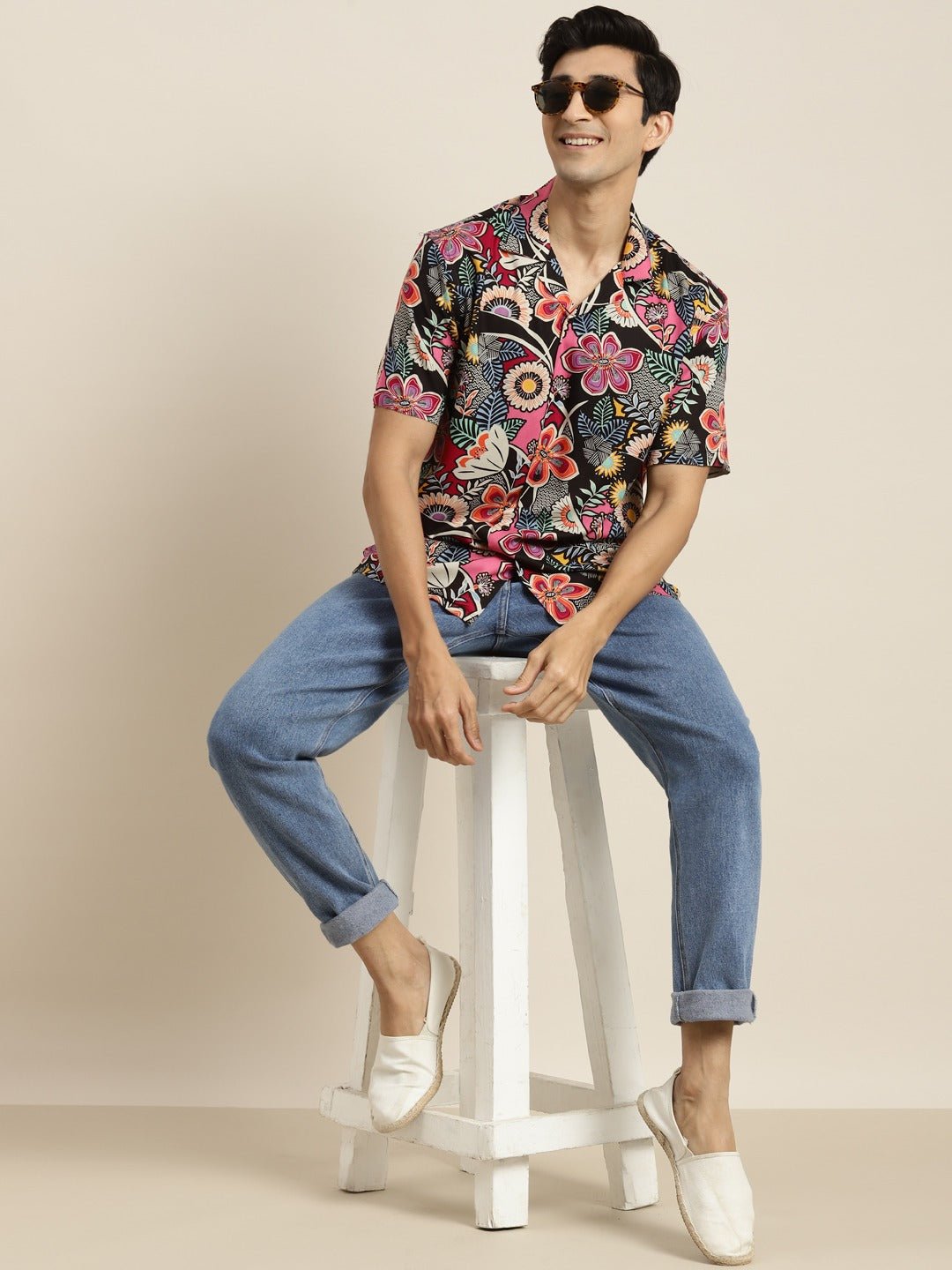 Men Black & Magenta Printed Viscose Rayon Relaxed Fit Casual Resort Shirt - #folk republic#