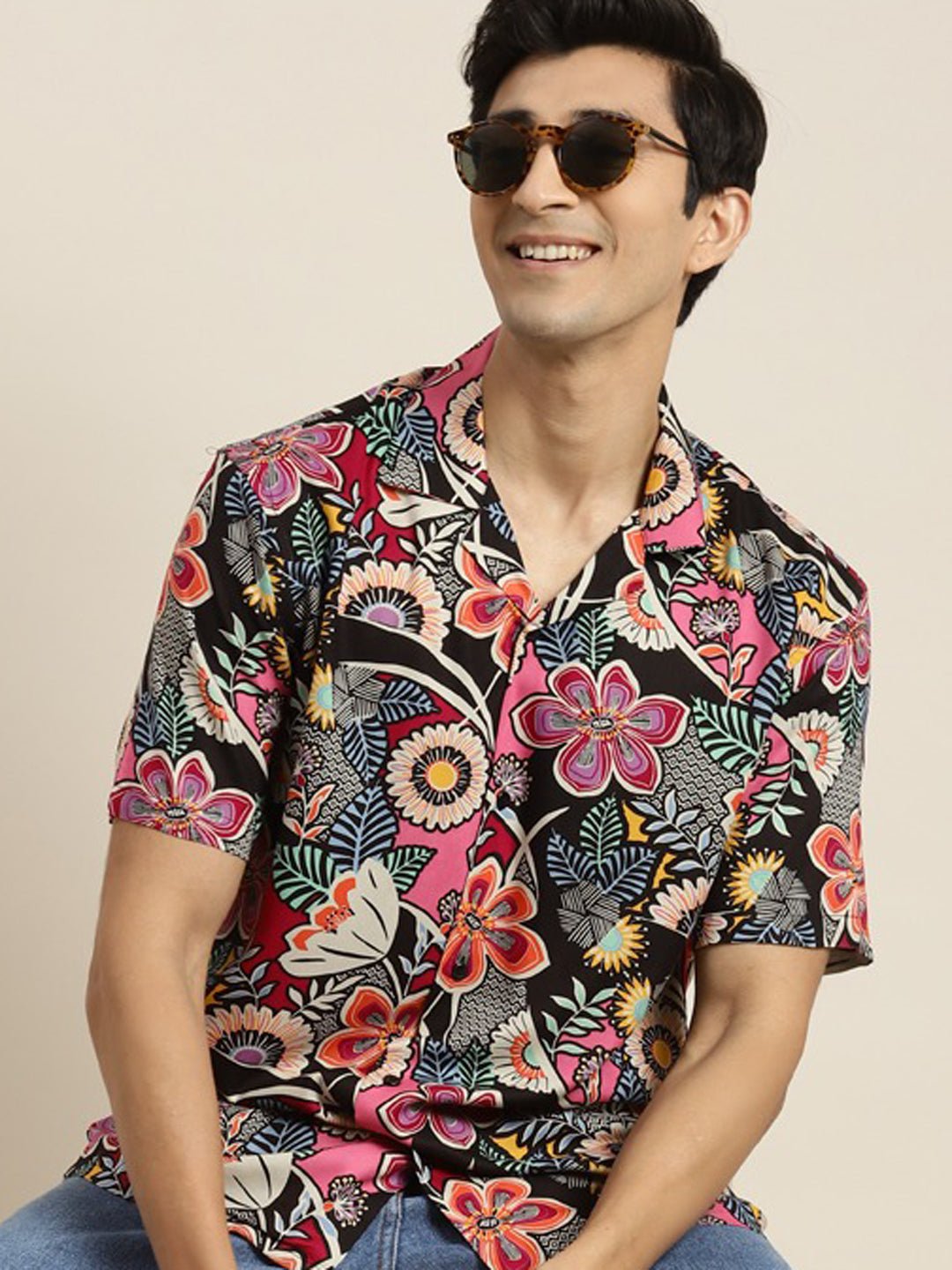 Men Black & Magenta Printed Viscose Rayon Relaxed Fit Casual Resort Shirt - #folk republic#