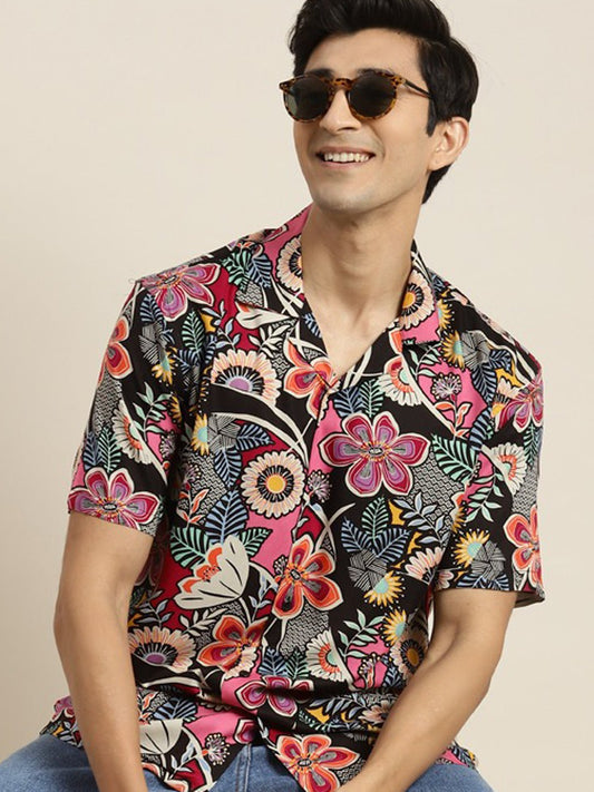 Men Black & Magenta Printed Viscose Rayon Relaxed Fit Casual Resort Shirt - #folk republic#