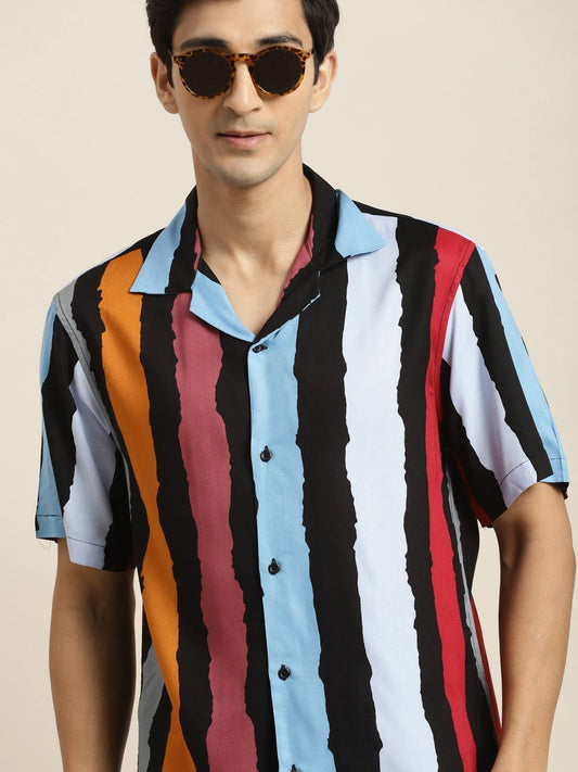 Men Black & Mustard Printed Viscose Rayon Relaxed Fit Casual Resort Shirt - #folk republic#