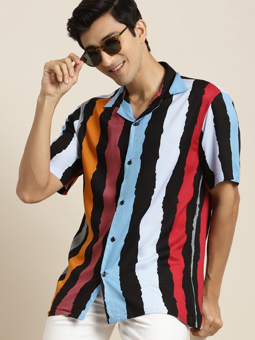 Men Black & Mustard Printed Viscose Rayon Relaxed Fit Casual Resort Shirt - #folk republic#