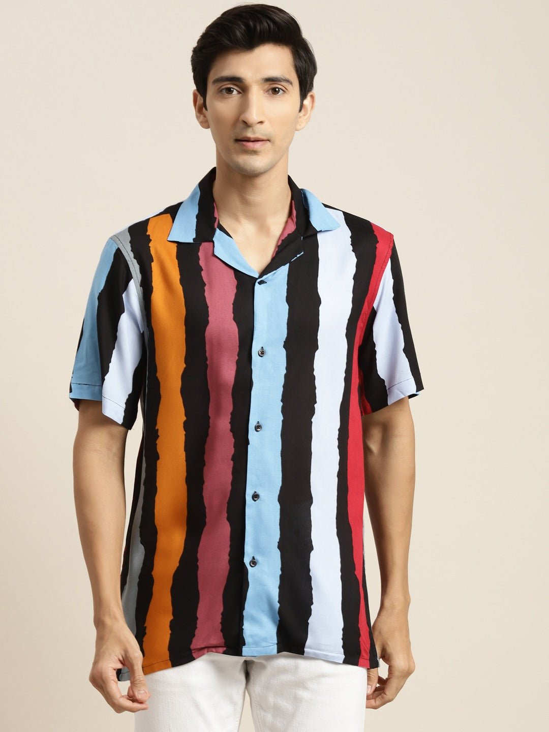 Men Black & Mustard Printed Viscose Rayon Relaxed Fit Casual Resort Shirt - #folk republic#