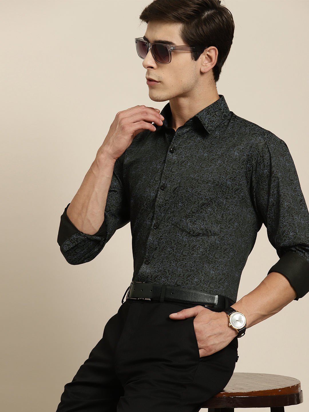 Men Black Print Pure Cotton Slim fit Party Shirt - #folk republic#