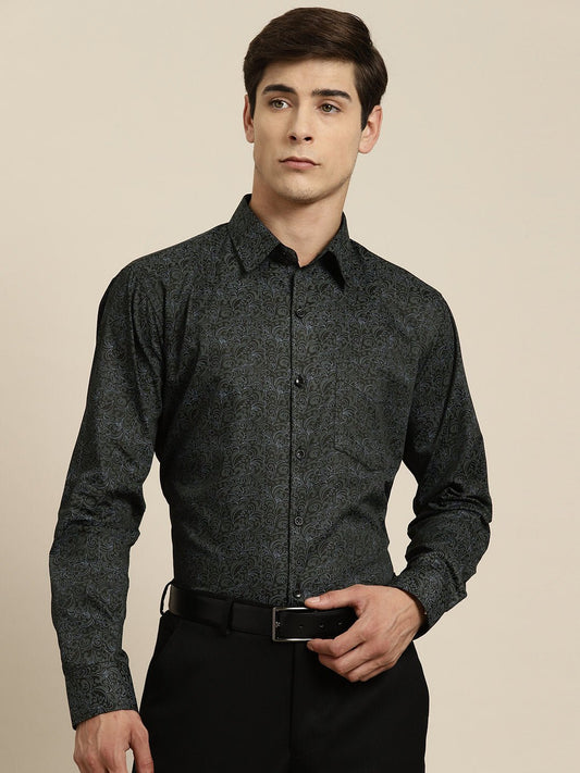 Men Black Print Pure Cotton Slim fit Party Shirt - #folk republic#