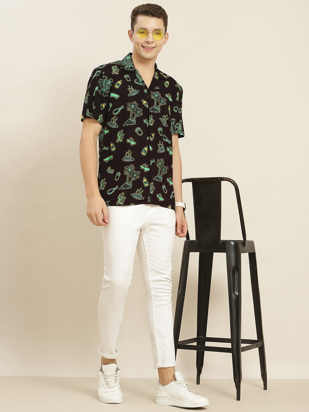 Men Black Printed Viscose Rayon Regular Fit Casual Resort Shirt - #folk republic#
