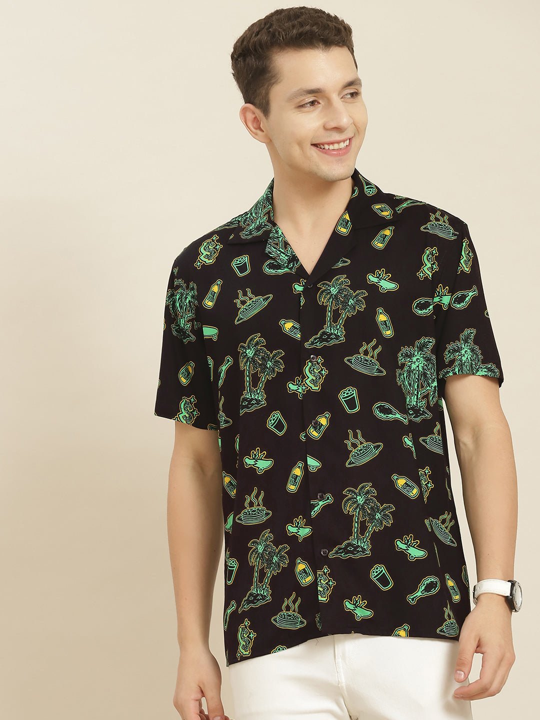 Men Black Printed Viscose Rayon Regular Fit Casual Resort Shirt - #folk republic#