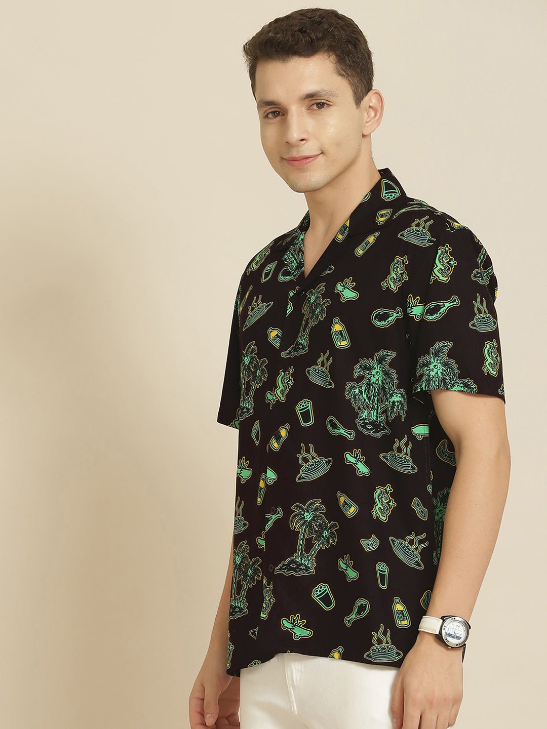 Men Black Printed Viscose Rayon Regular Fit Casual Resort Shirt - #folk republic#