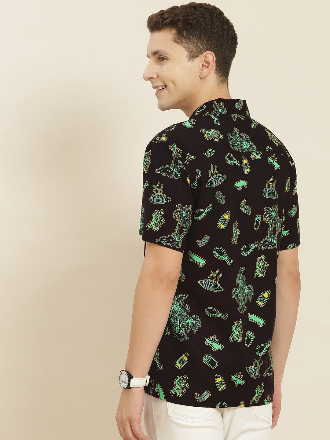 Men Black Printed Viscose Rayon Regular Fit Casual Resort Shirt - #folk republic#