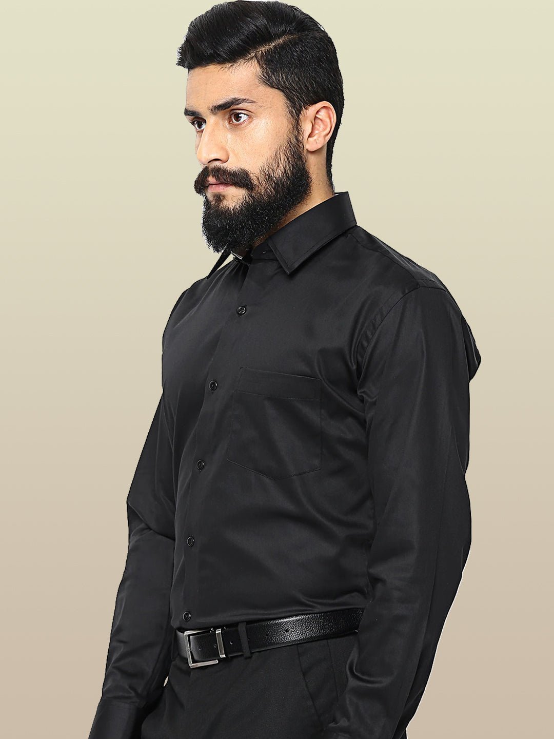 Men Black Pure Cotton Satin Solid Slim Fit Formal Shirt - #folk republic#