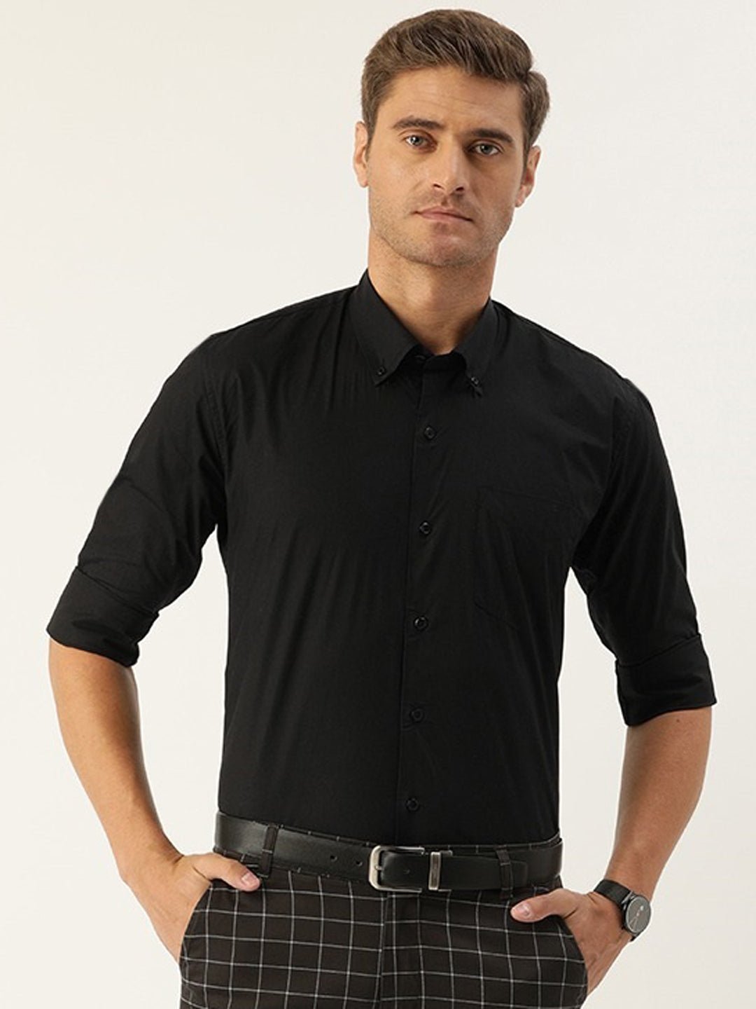 Men Black Pure Cotton Solid Button Down Collar Slim Fit Formal Shirt - #folk republic#
