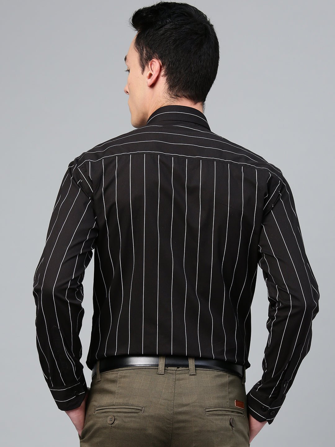 Men Black Pure Cotton Striped Slim Fit Formal Shirt - #folk republic#
