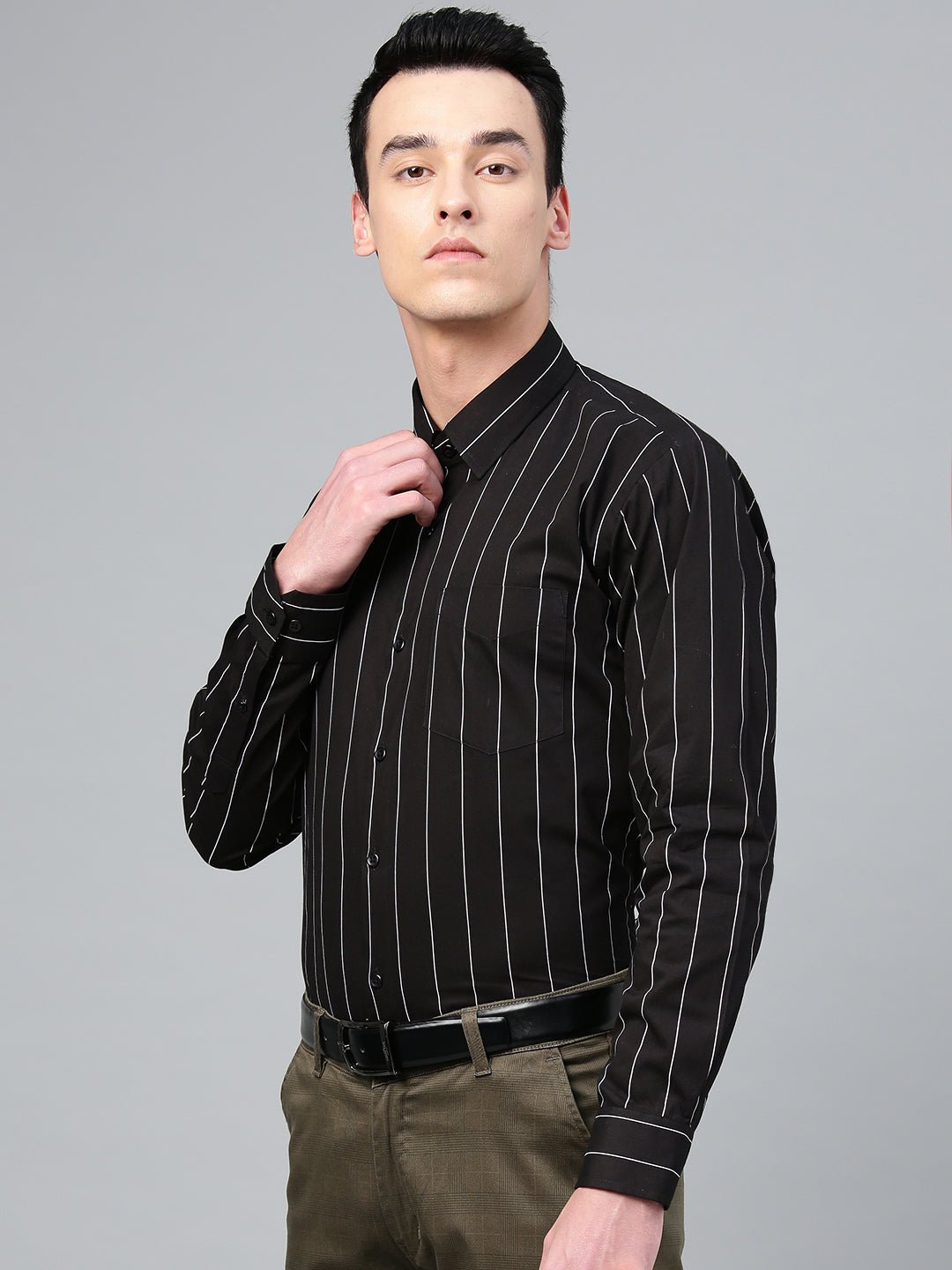 Men Black Pure Cotton Striped Slim Fit Formal Shirt - #folk republic#