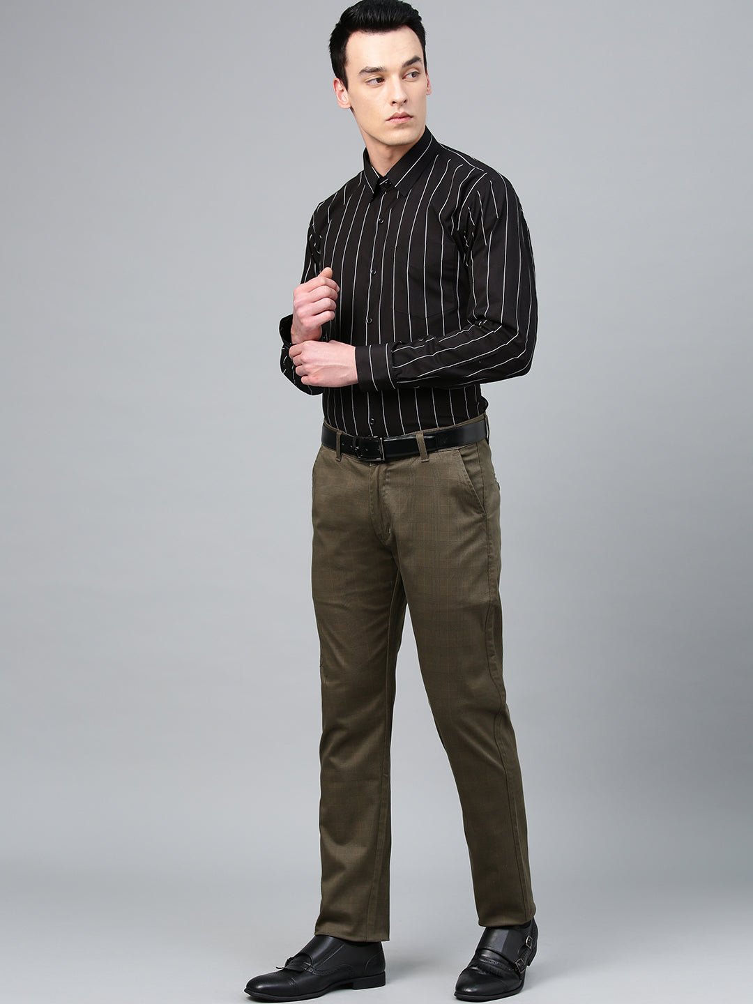 Men Black Pure Cotton Striped Slim Fit Formal Shirt - #folk republic#