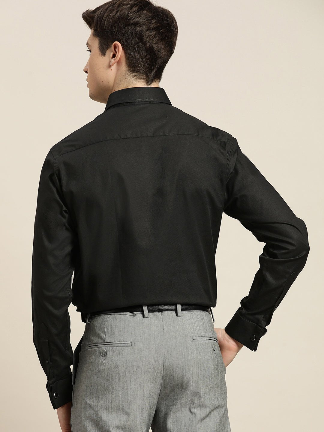 Men Black Solid Pure Cotton Regular Fit French Cuff Formal Shirt - #folk republic#