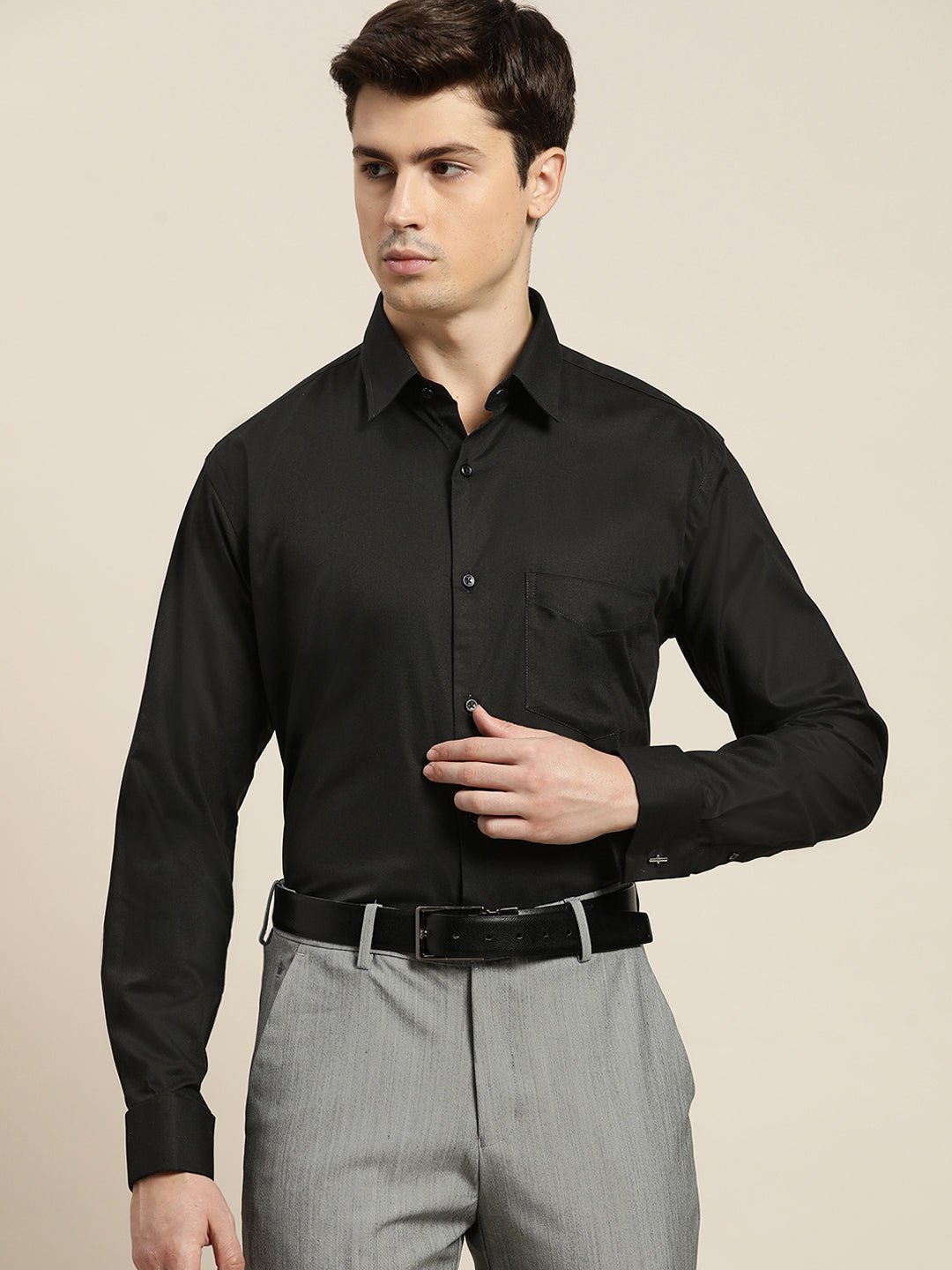 Men Black Solid Pure Cotton Regular Fit French Cuff Formal Shirt - #folk republic#