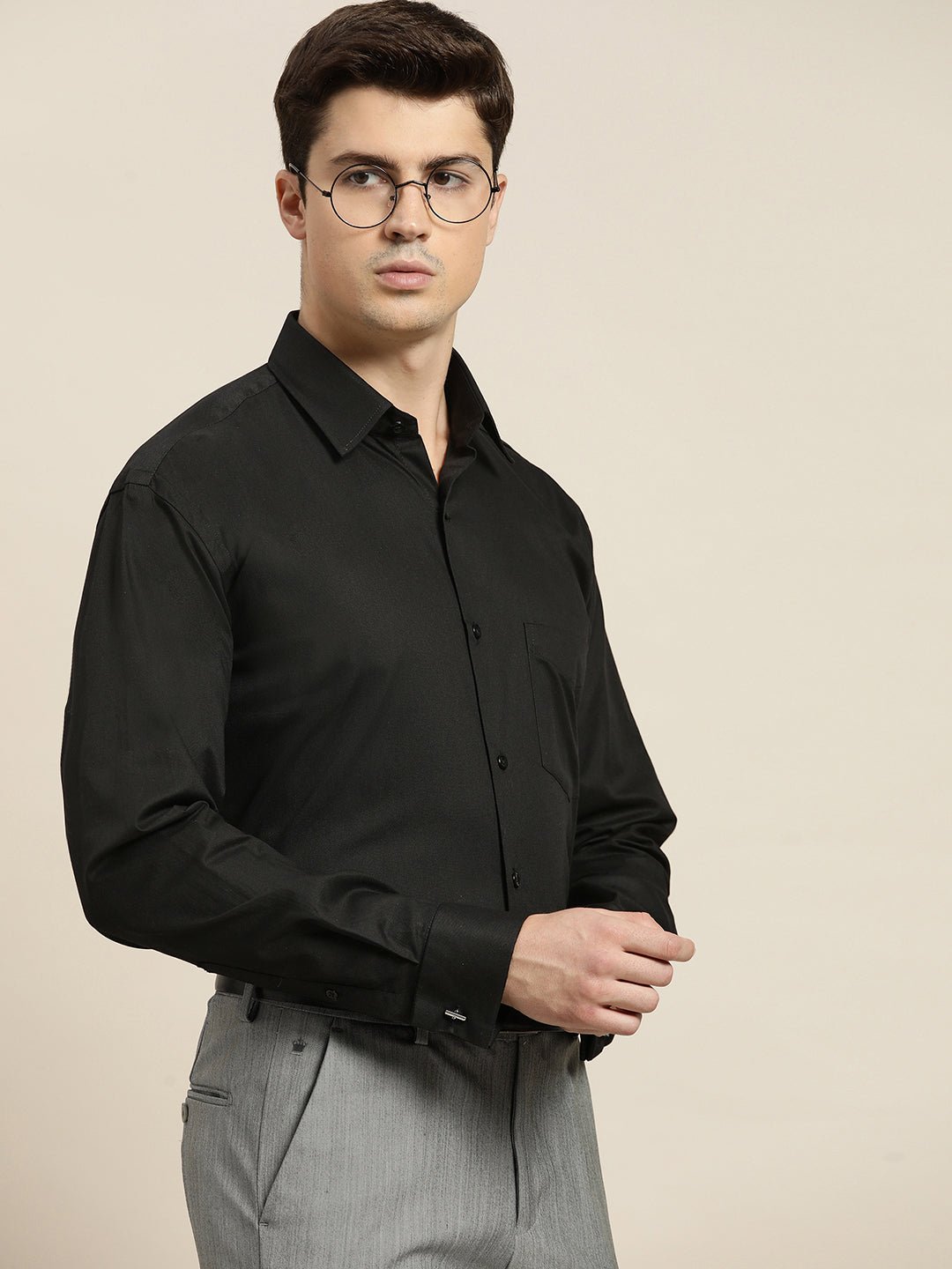 Men Black Solid Pure Cotton Regular Fit French Cuff Formal Shirt - #folk republic#