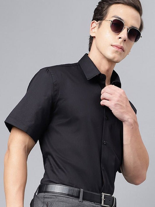 Men Black Solid Pure Cotton Slim Fit Formal Shirt - #folk republic#
