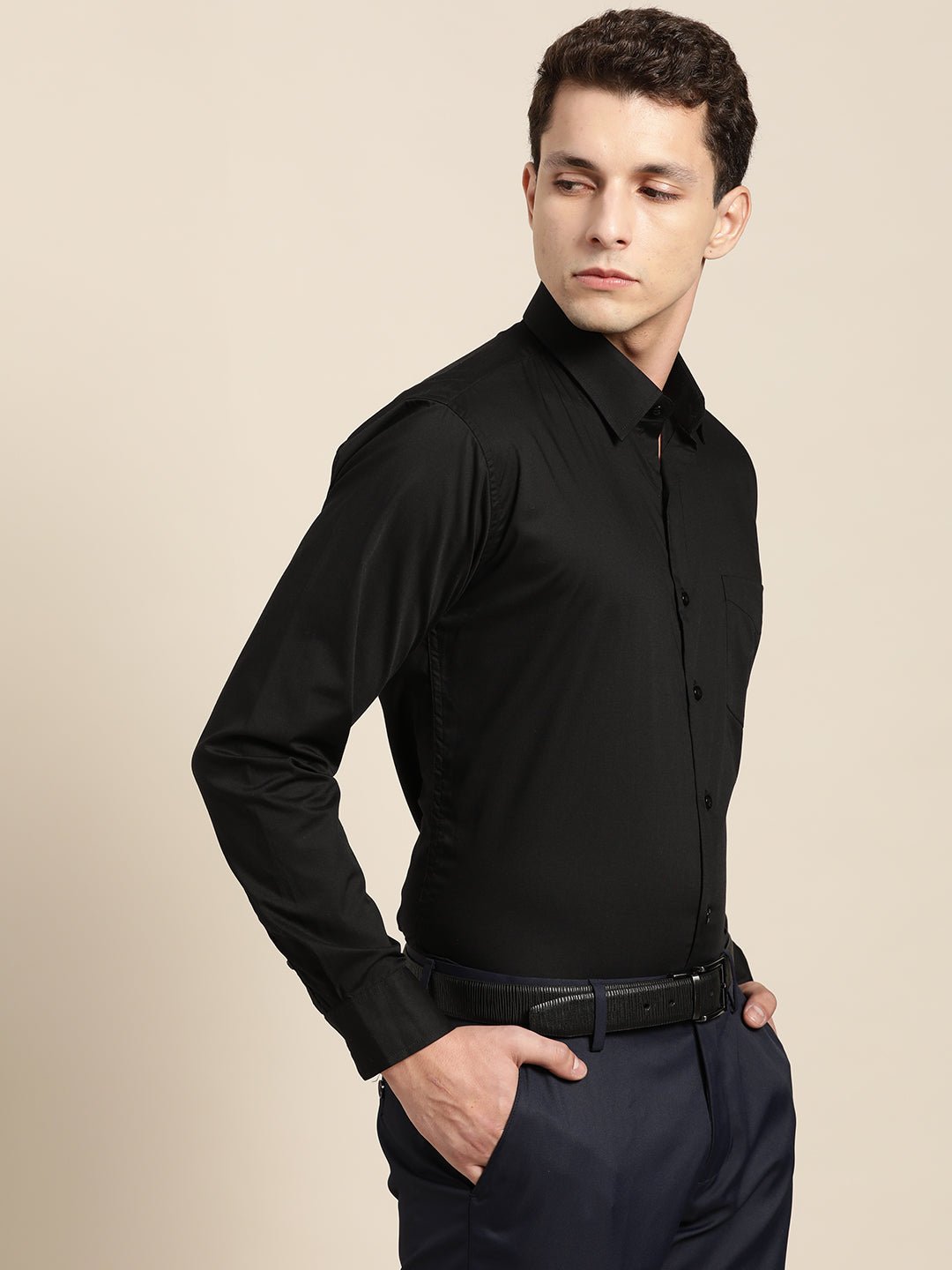 Men Black Solid Pure Cotton Slim Fit Formal Shirt - #folk republic#