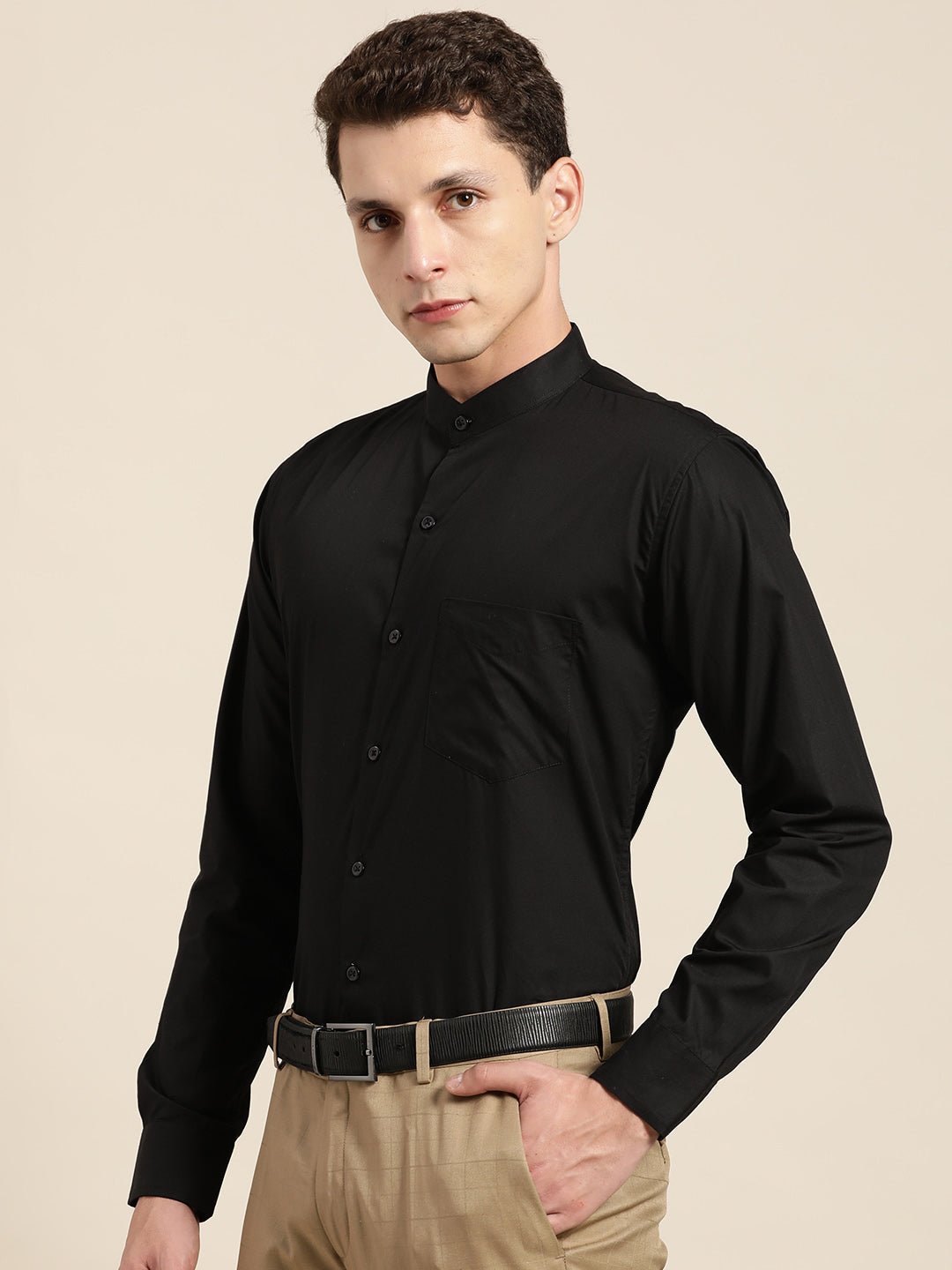 Men Black Solid Pure Cotton Slim Fit Formal Shirt - #folk republic#