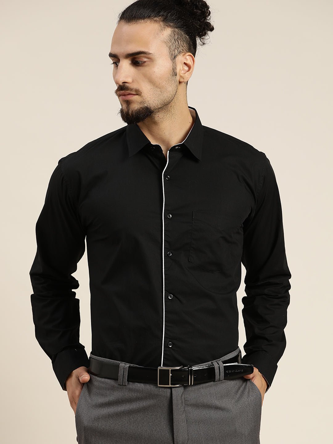 Men Black Solid Pure Cotton Slim Fit Formal Shirt - #folk republic#