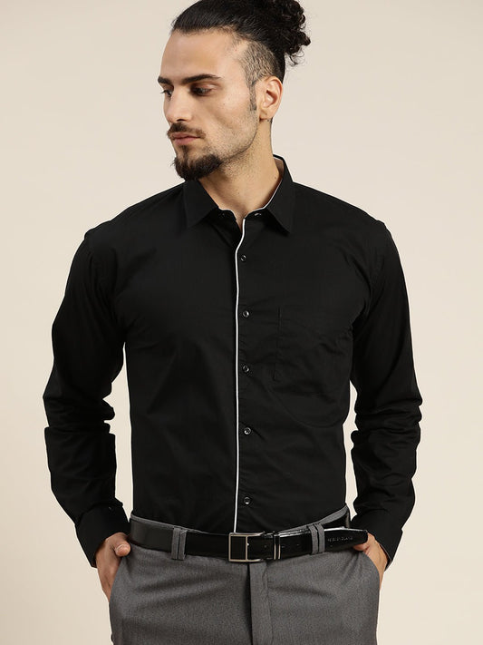 Men Black Solid Pure Cotton Slim Fit Formal Shirt - #folk republic#