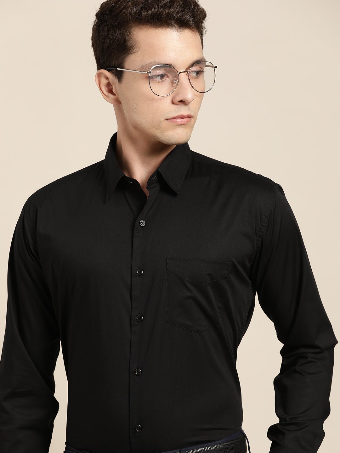 Men Black Solid Pure Cotton Slim Fit Formal Shirt - #folk republic#
